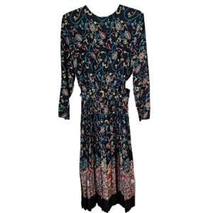 Vintage 80s/90s Black Floral Border Print Midi Dress Women Size S/M Belted